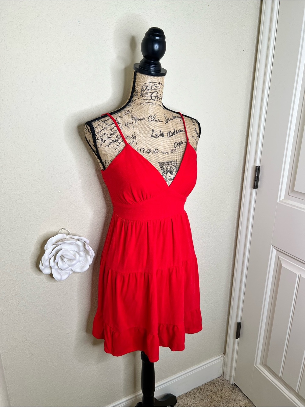 NTM: Morceau Los Angeles Red Linen Blend Tiered Mini Dress Smocked Back M - Picture 7 of 16